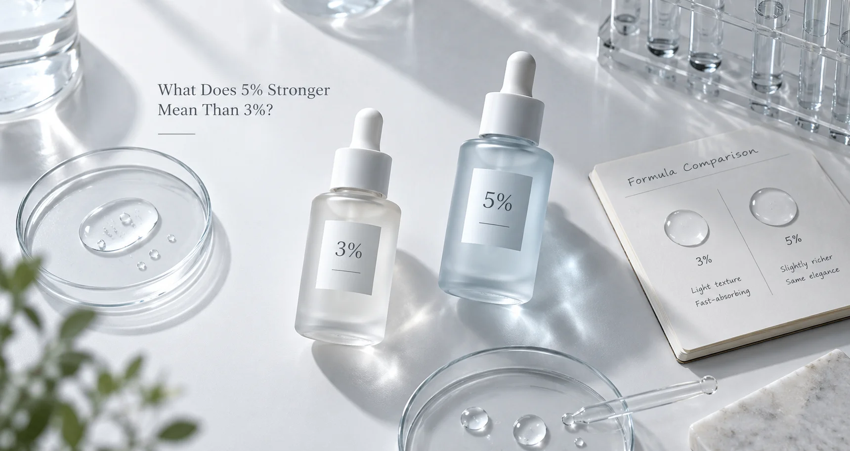 Two skincare serum bottles labeled 3% and 5% on a bright surface with comparison notes and laboratory tools, illustrating differences in formula qualities.